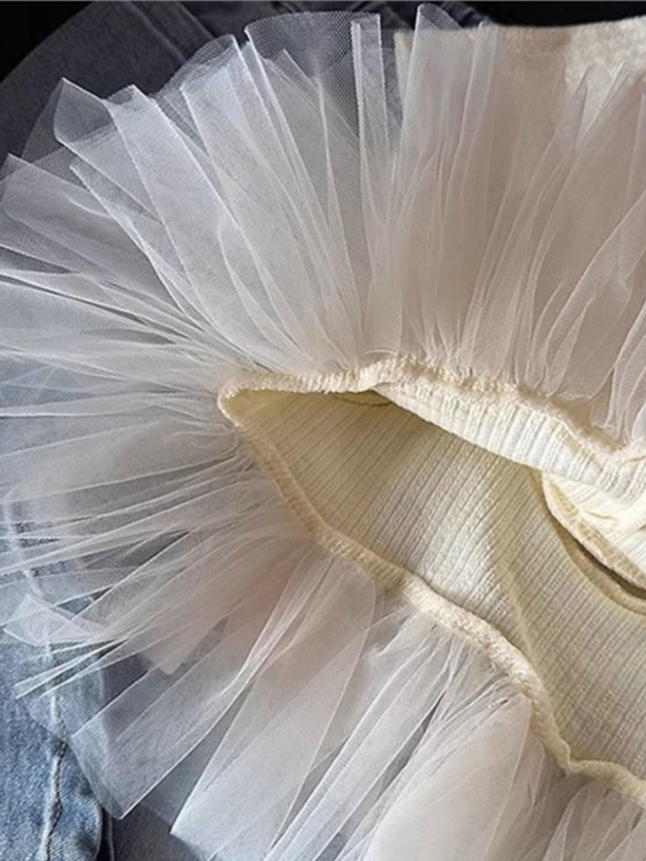 Cream Ruffle Short Sleeve Ribbed Knit Tutu Top