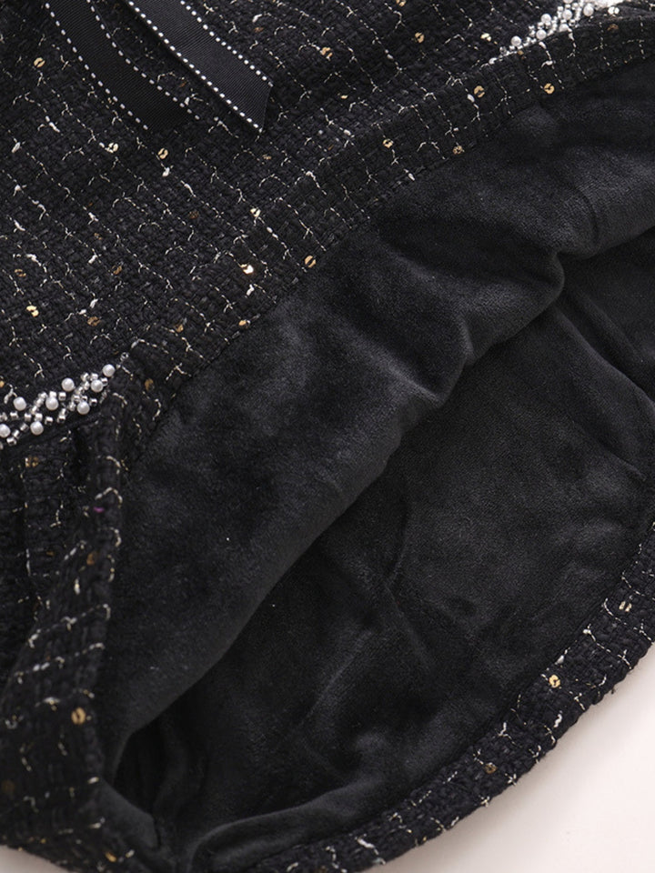 Black Tweed Pearl Bow Ruffle Tank Dress