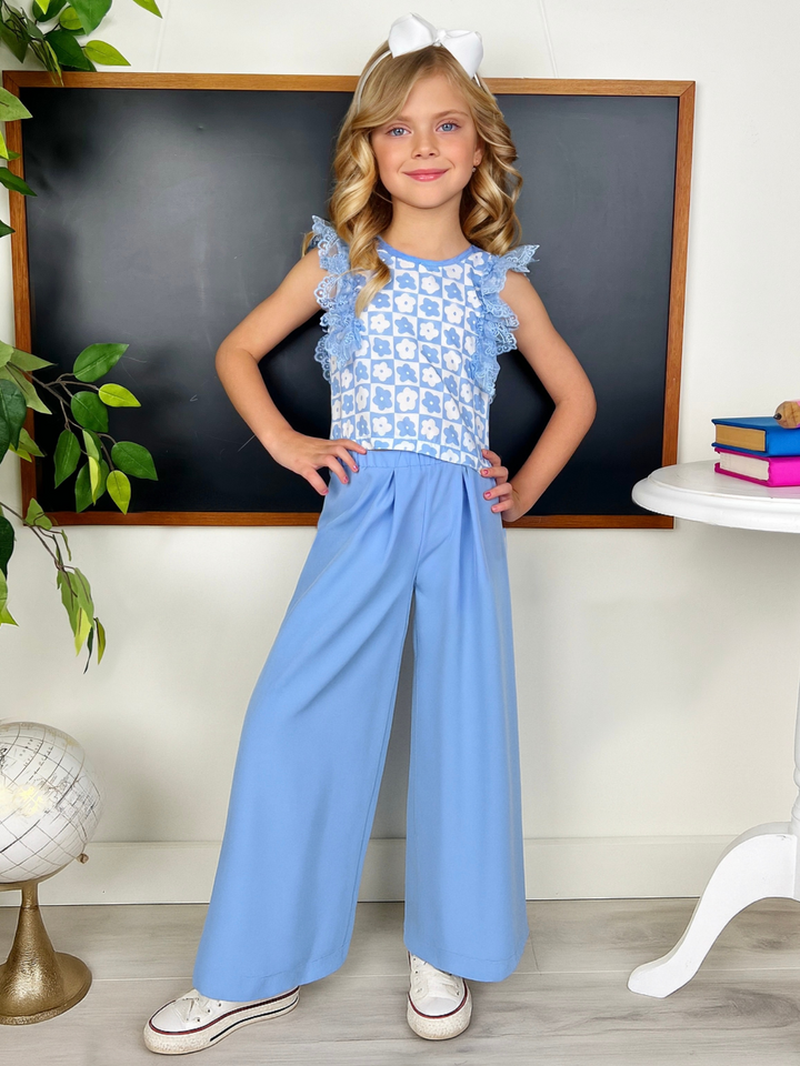 Blue Bloom Lace Flutter Top & Wide Leg Pant Set