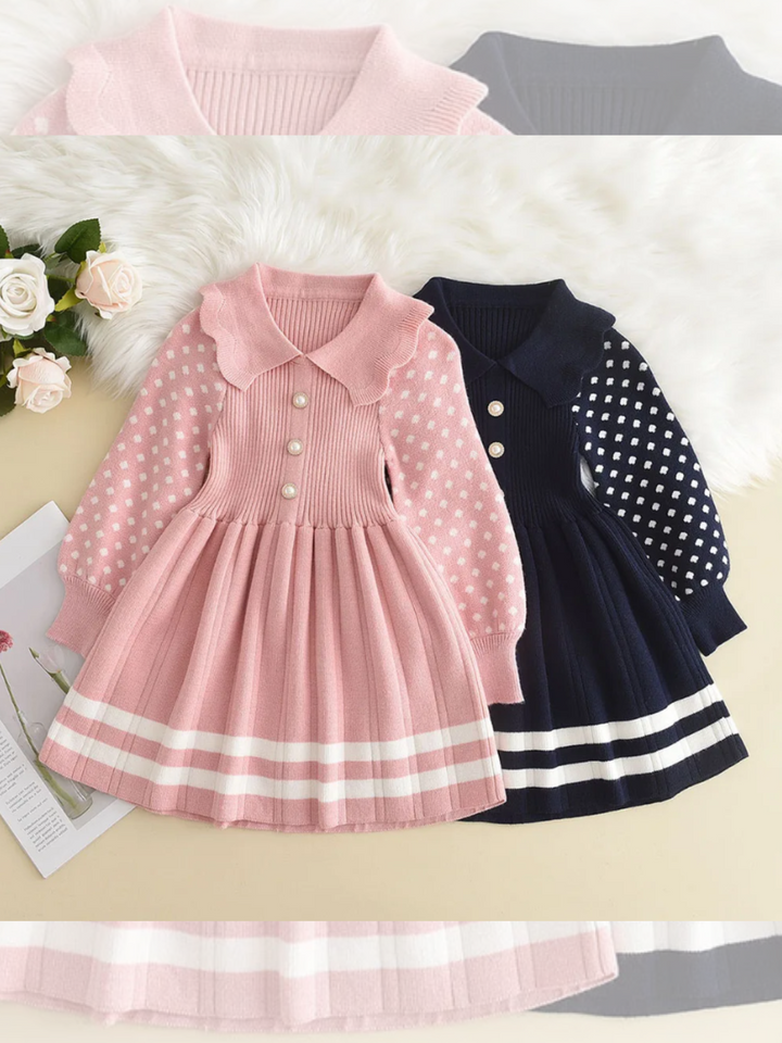 Adorable Polka Dot Sleeve Pleated Knit Dress