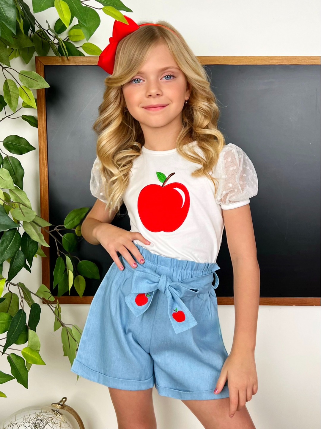 Best Apple Puff Sleeve Top & Embroidered Short Set