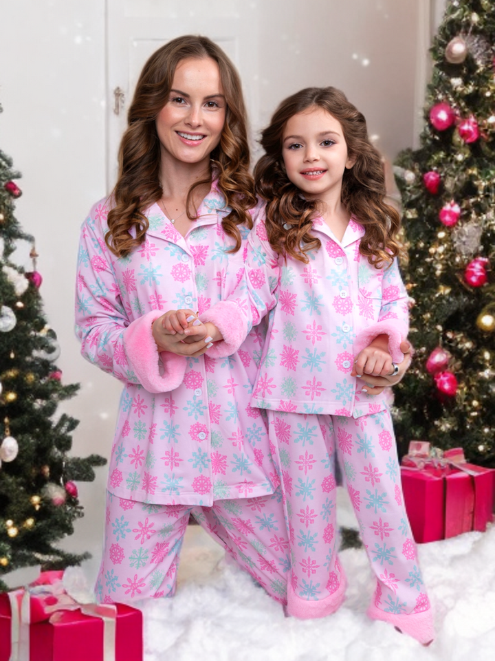 Mommy and Me Frosted Flurries Pink Snowflake Furry Pajama Set