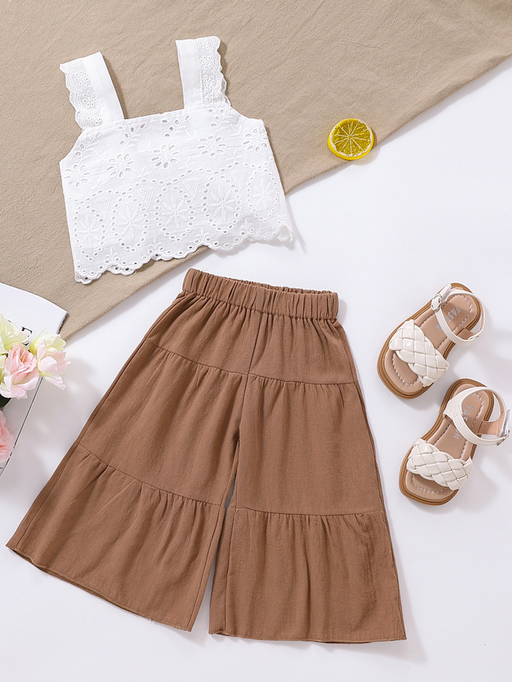 Mia Belle Girls Eyelet Top & Wide Leg Pants Set | Resort Wear