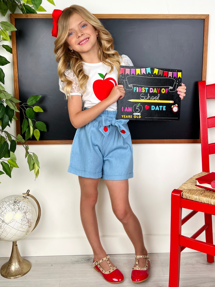 Best Apple Puff Sleeve Top & Embroidered Short Set