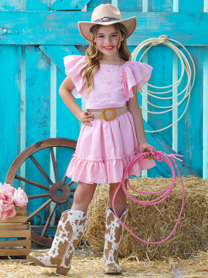 Blush Pink Ruffle Sleeve Belted Skirt Set