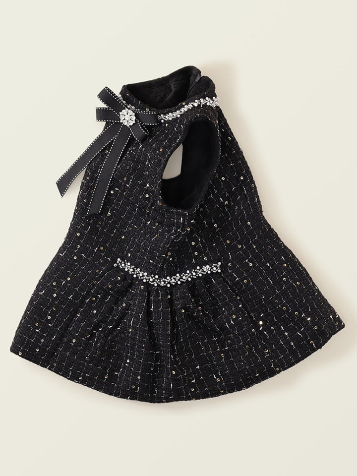 Black Tweed Pearl Bow Ruffle Tank Dress