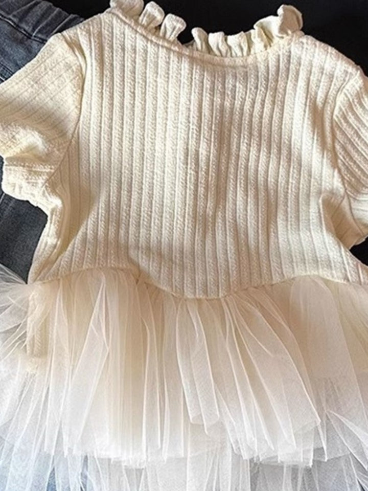 Cream Ruffle Short Sleeve Ribbed Knit Tutu Top