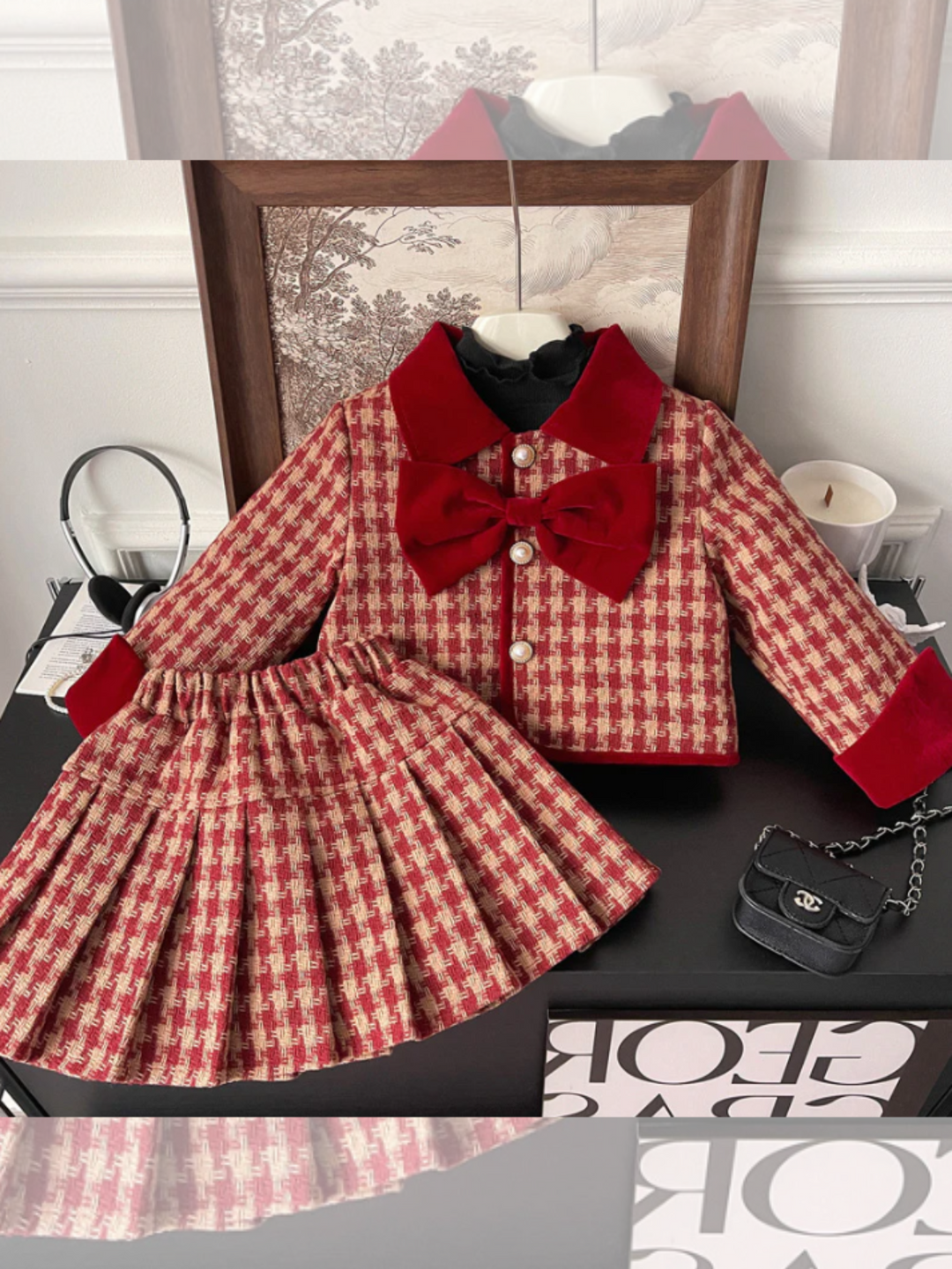 Adorable Red Velvet and Plaid Jacket and Skirt Set
