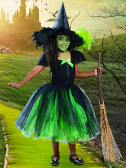 Girls Wicked Green Witch Costume Dress with Hat
