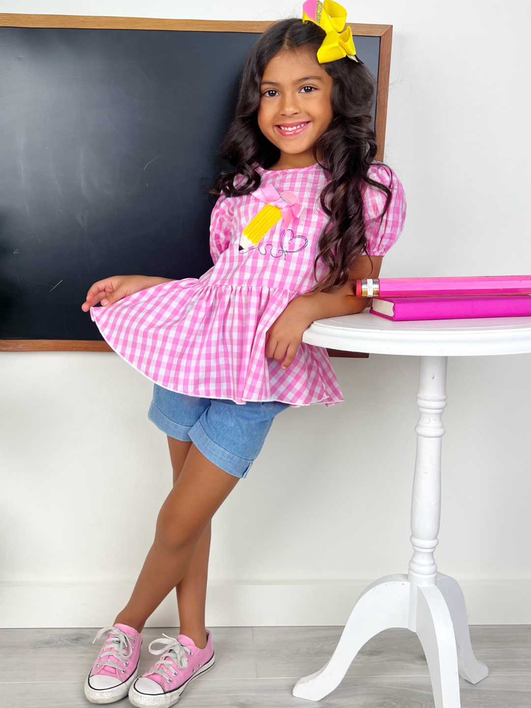 Write On Trend Pink Gingham Pencil Top & Denim Short Set