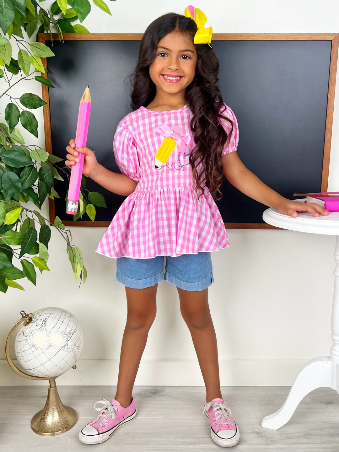 Write On Trend Pink Gingham Pencil Top & Denim Short Set