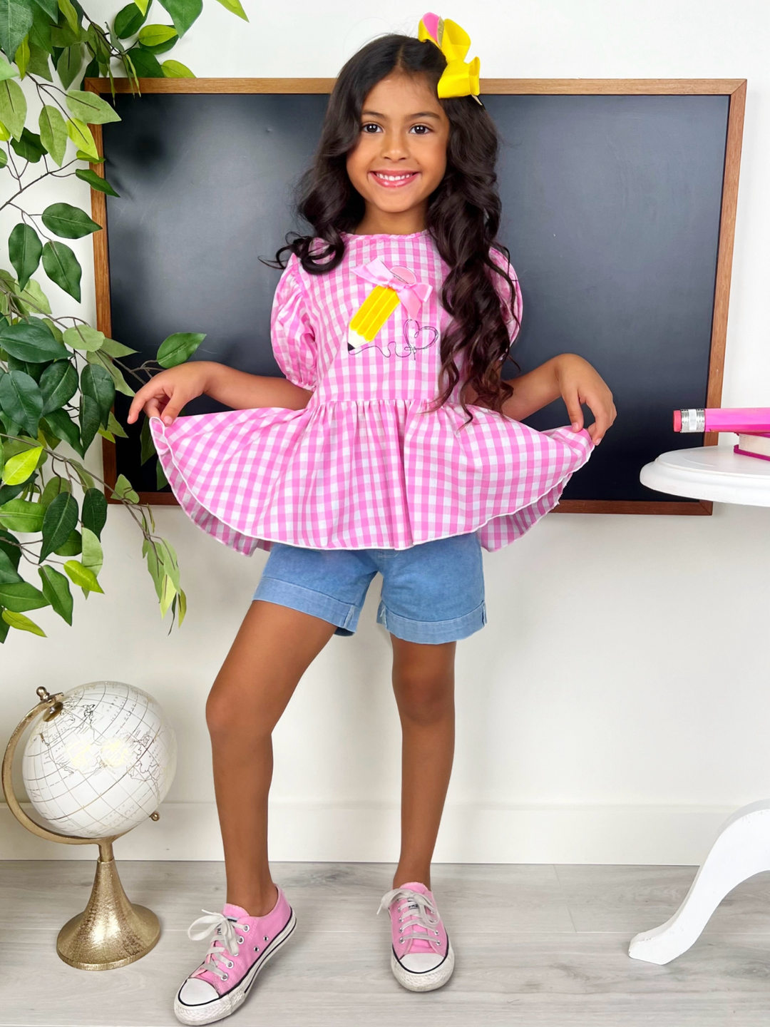 Write On Trend Pink Gingham Pencil Top & Denim Short Set