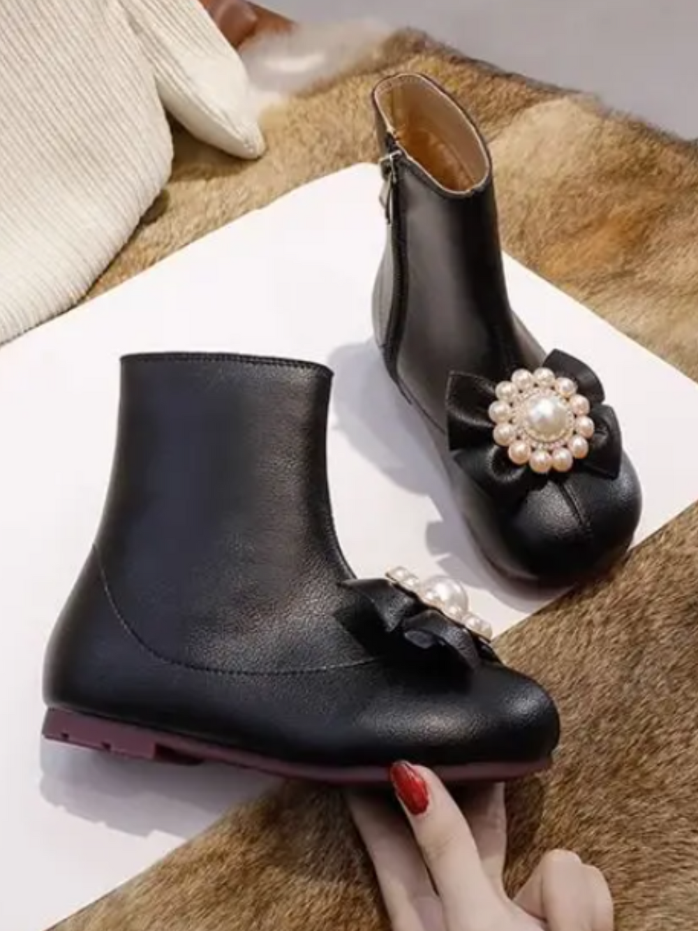 Mia Belle Girls Pearl Bow Ankle Boots | Shoes By Liv & Mia