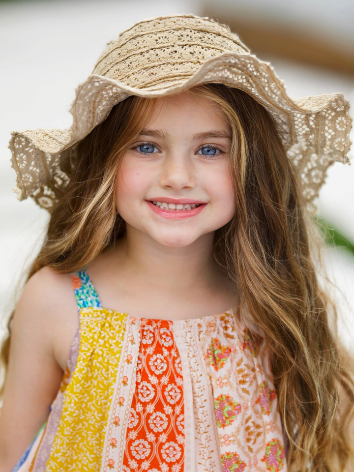 Girls Boho Floppy Straw Hat With Pearl Embellishment