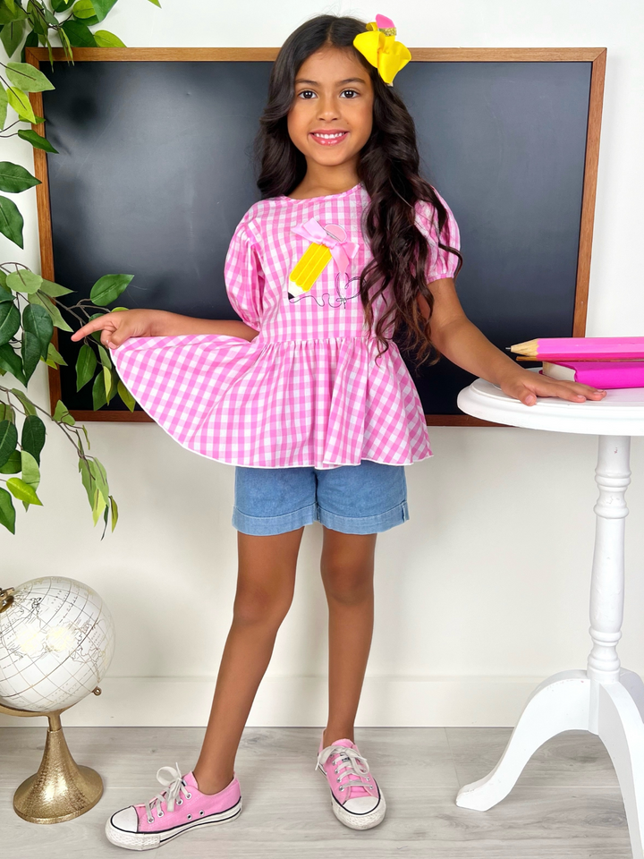 Write On Trend Pink Gingham Pencil Top & Denim Short Set