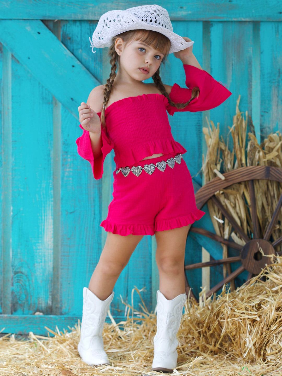 Cold Shoulder Smocked Top And Ruffle Shorts Set | Mia Belle Girls