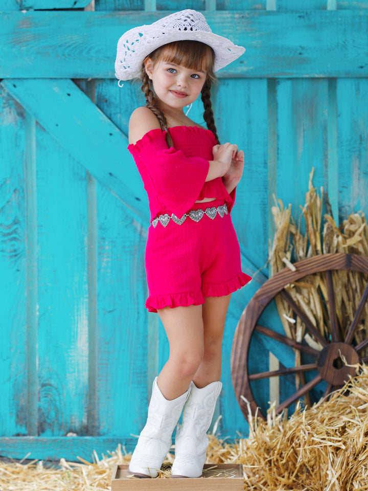 Cold Shoulder Smocked Top And Ruffle Shorts Set | Mia Belle Girls