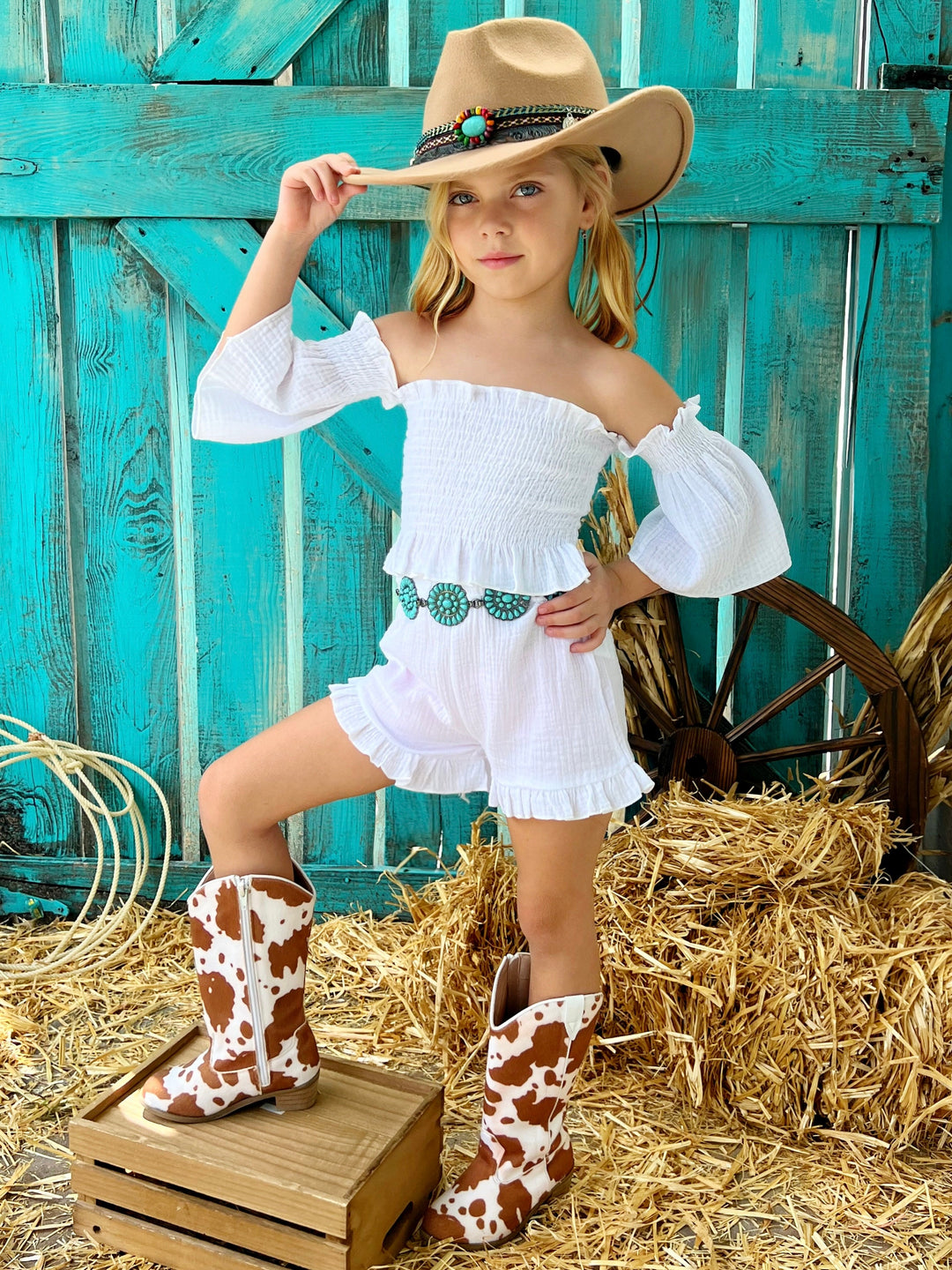 Cold Shoulder Smocked Top And Ruffle Shorts Set | Mia Belle Girls