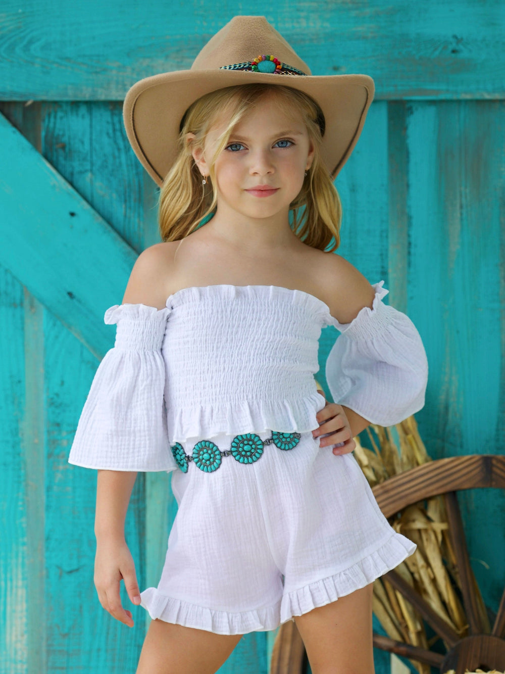 Cold Shoulder Smocked Top And Ruffle Shorts Set | Mia Belle Girls
