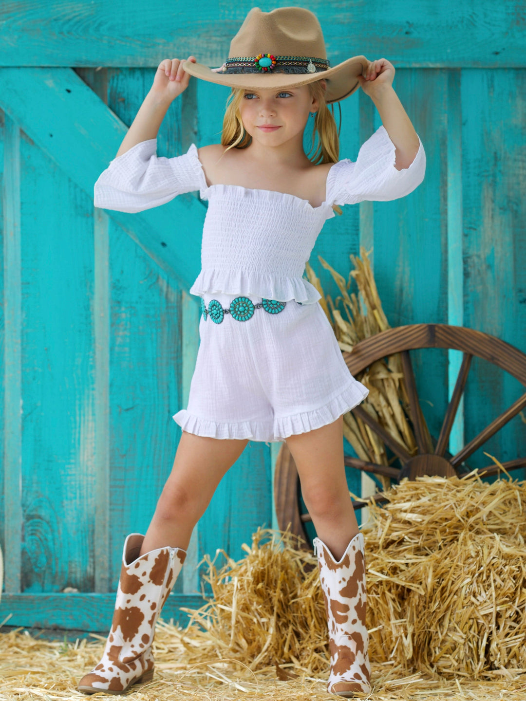 Cold Shoulder Smocked Top And Ruffle Shorts Set | Mia Belle Girls