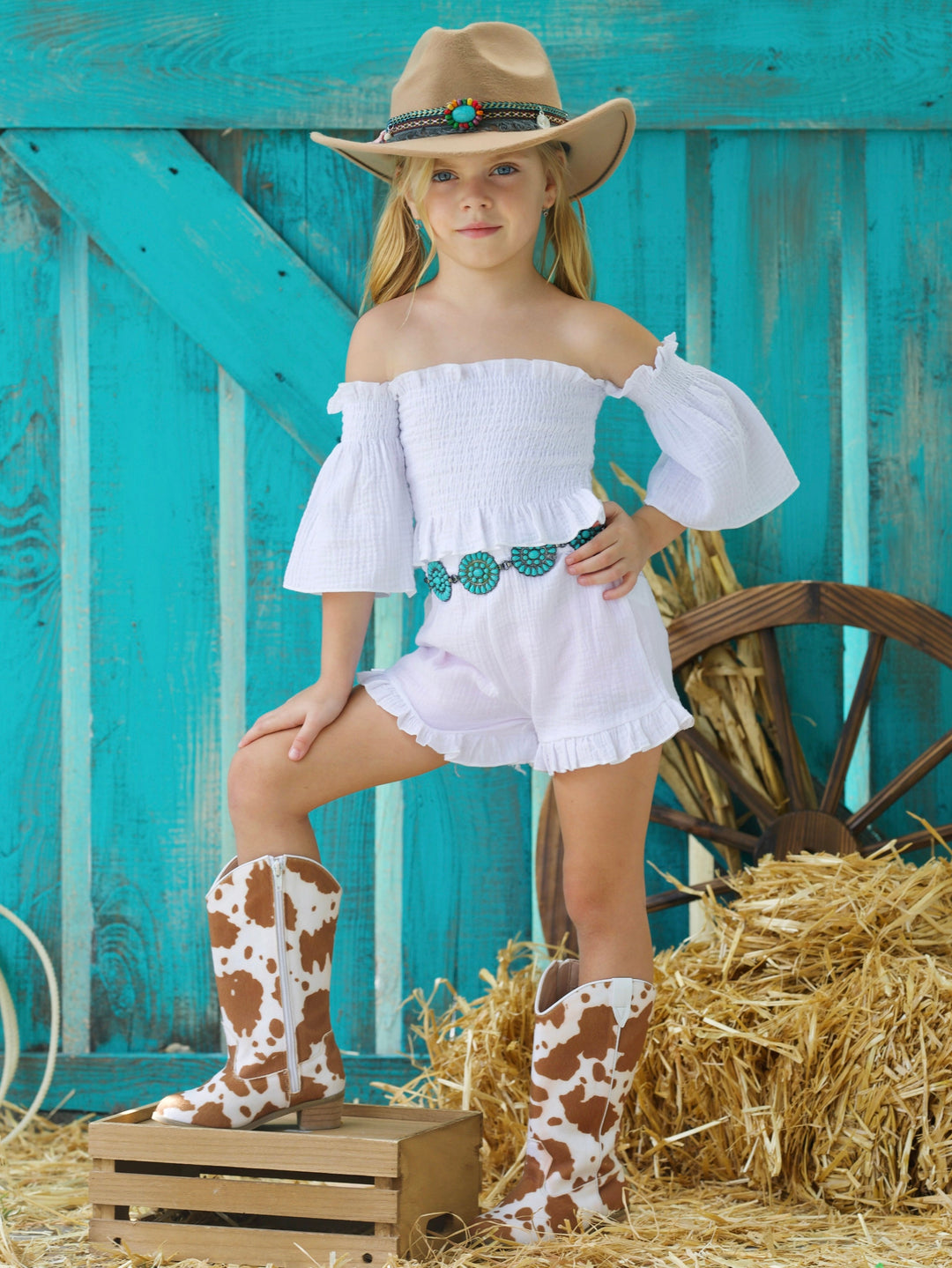 Cold Shoulder Smocked Top And Ruffle Shorts Set | Mia Belle Girls