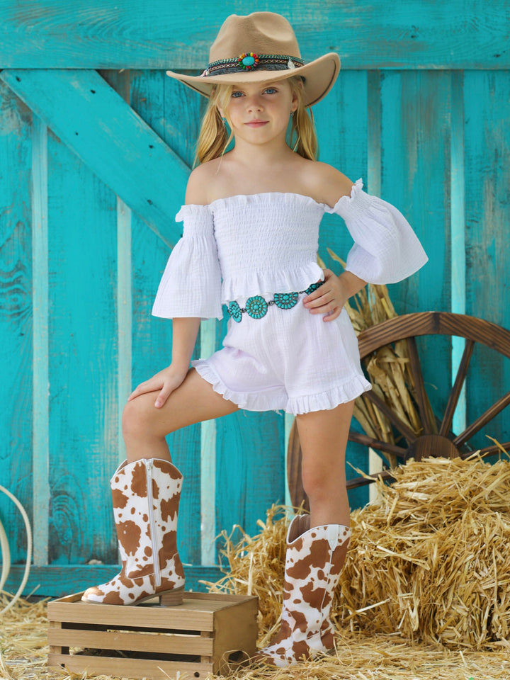 Cold Shoulder Smocked Top And Ruffle Shorts Set | Mia Belle Girls