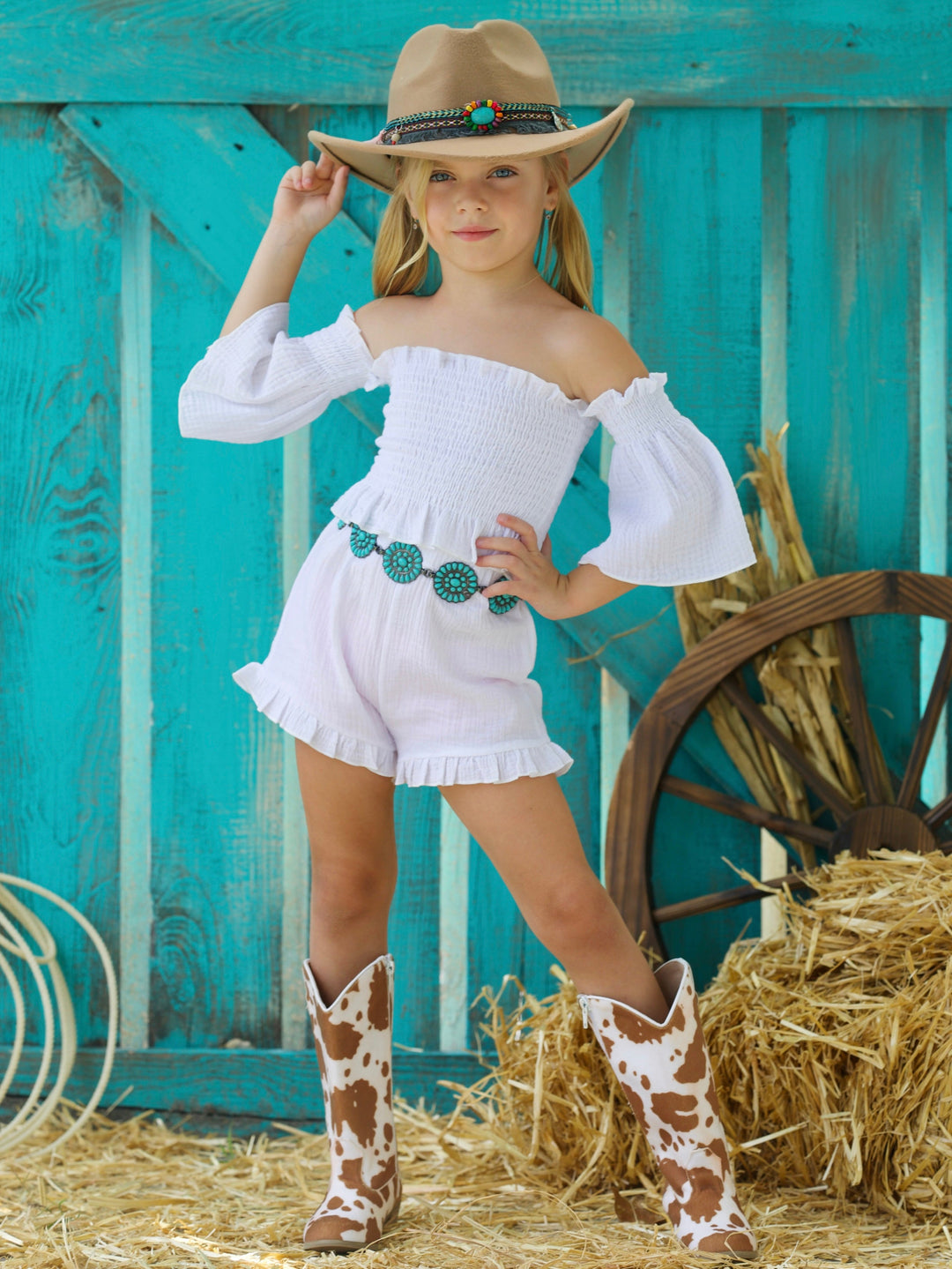 Cold Shoulder Smocked Top And Ruffle Shorts Set | Mia Belle Girls