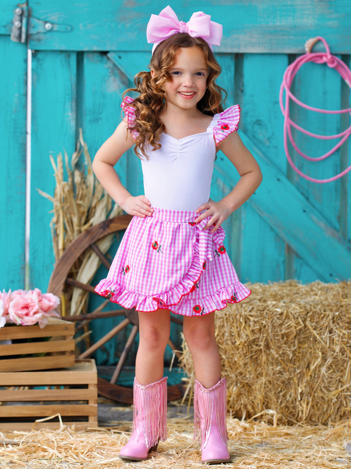 Cherry Blossom Gingham Top and Ruffle Skort Set