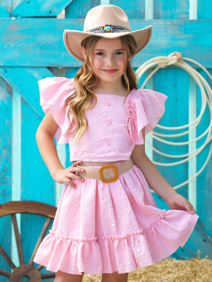Blush Pink Ruffle Sleeve Belted Skirt Set