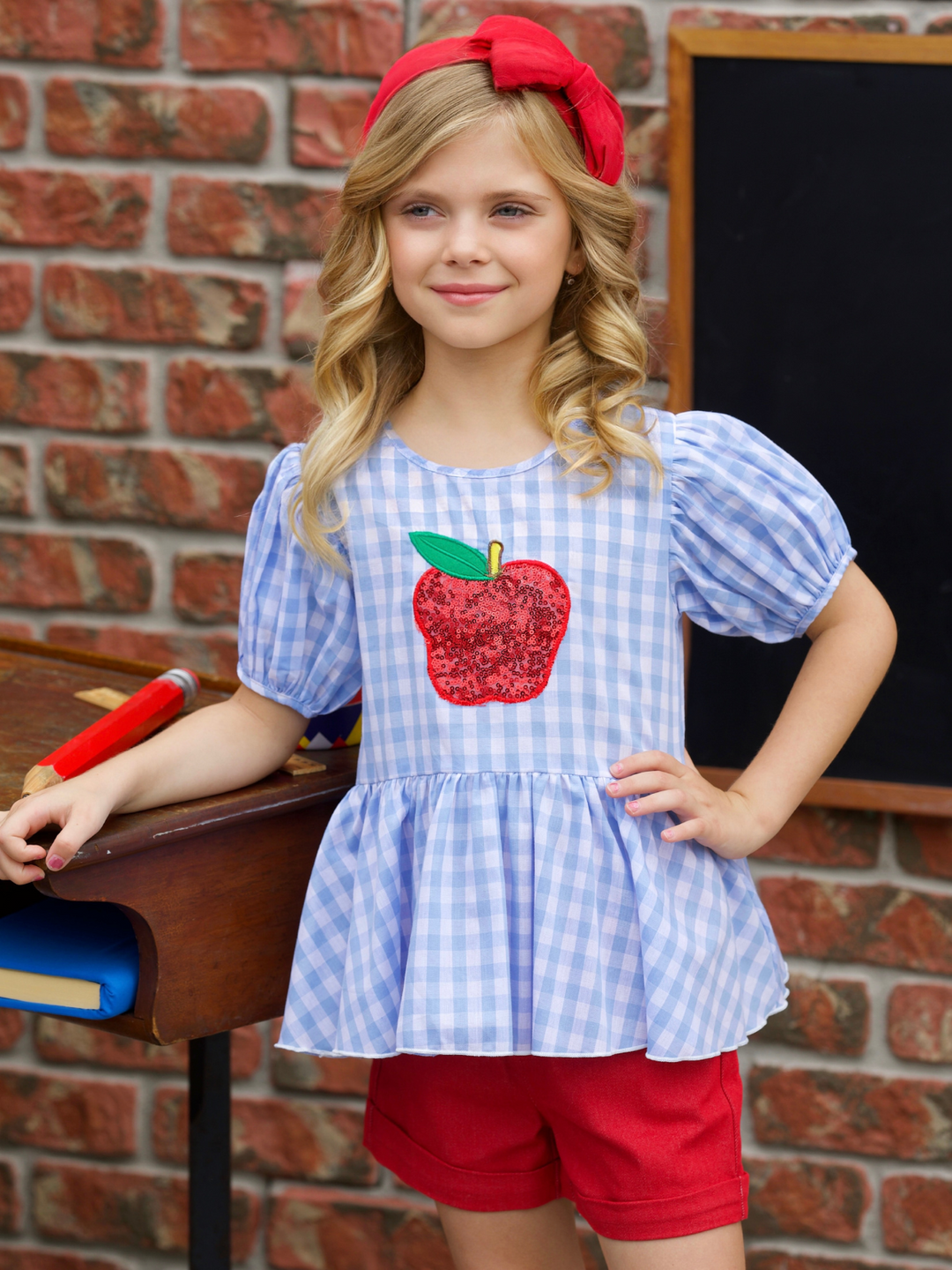 Sequin Apple Puff Sleeve Top & Red Short Set