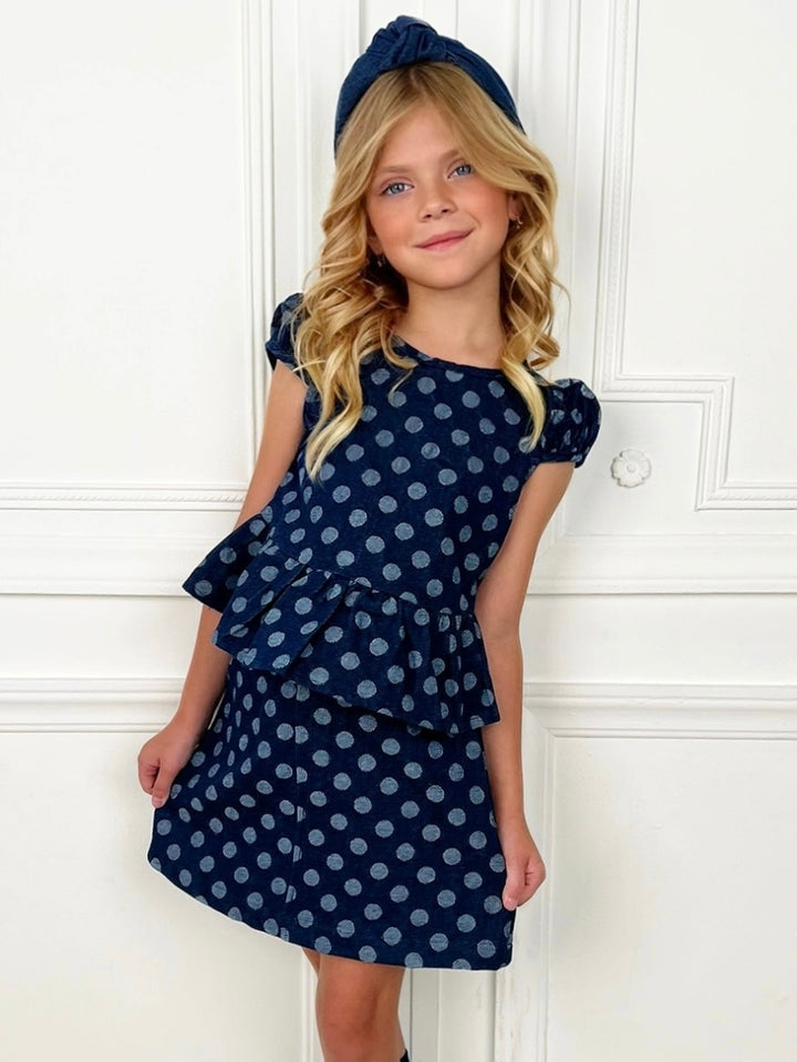 Polka Dot Peplum Denim Top and Skirt Set