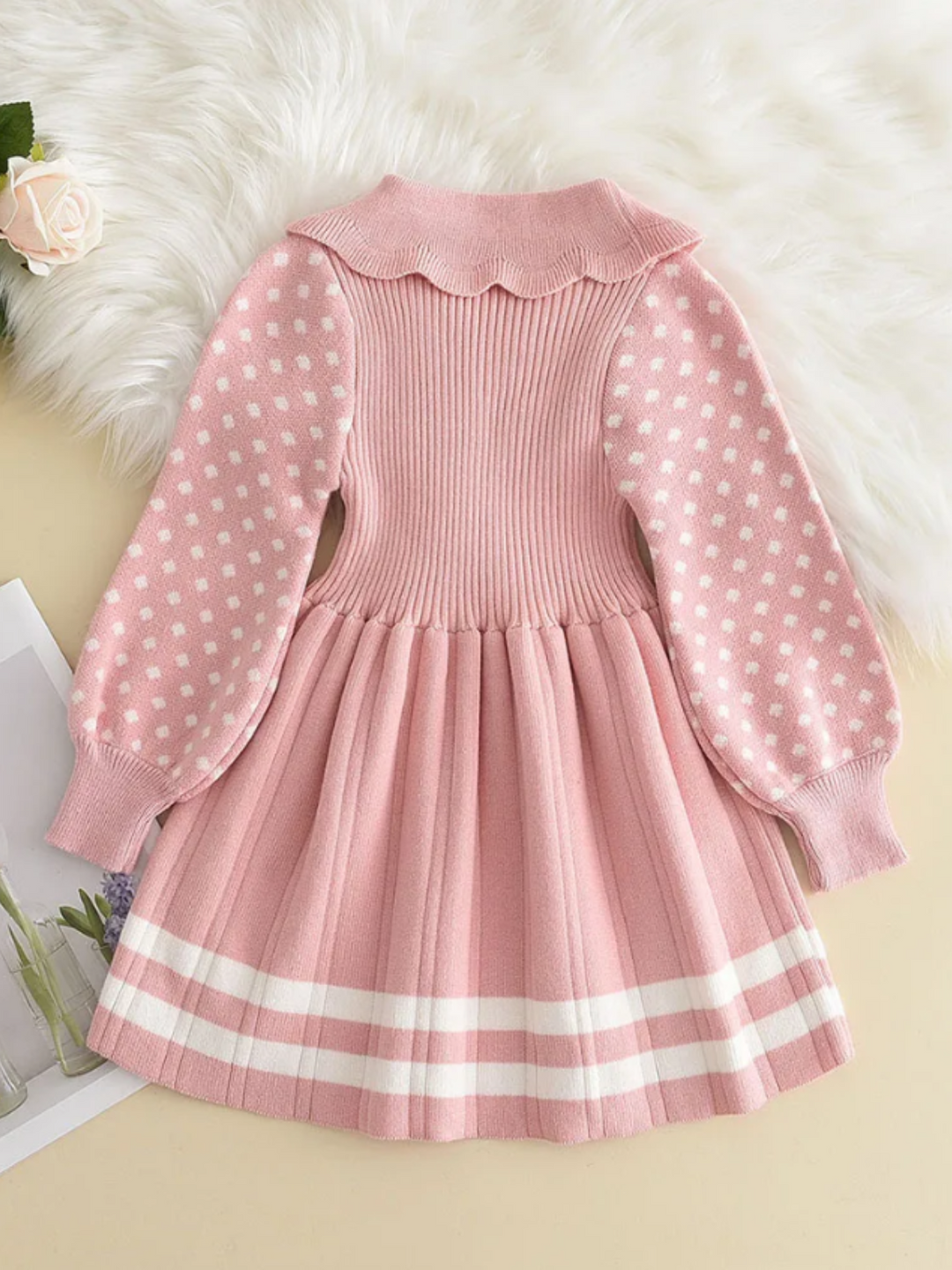 Adorable Polka Dot Sleeve Pleated Knit Dress