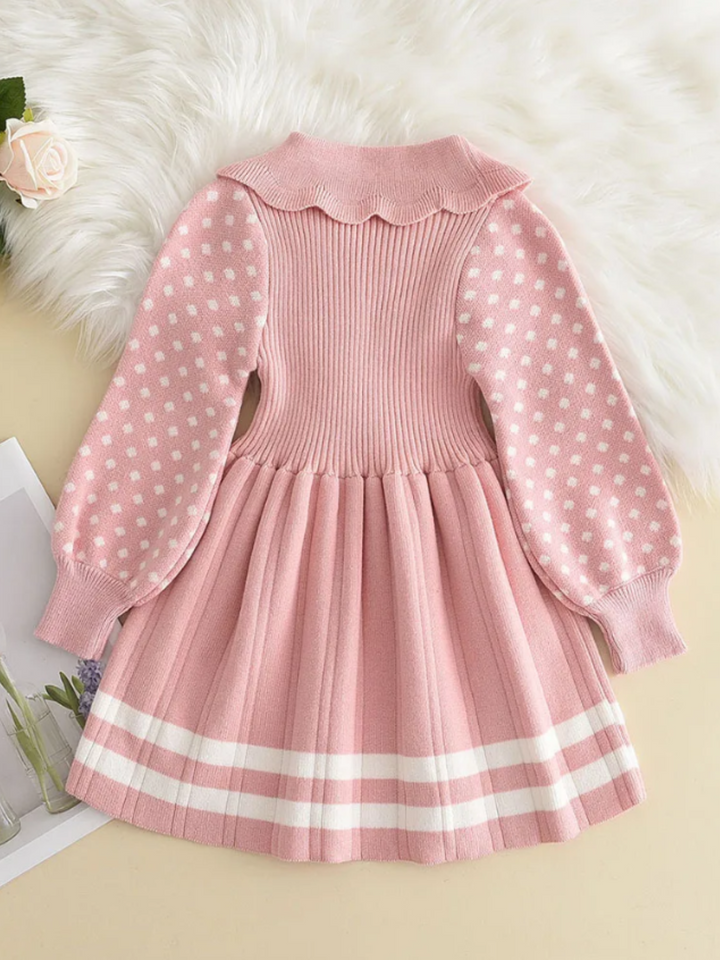 Adorable Polka Dot Sleeve Pleated Knit Dress