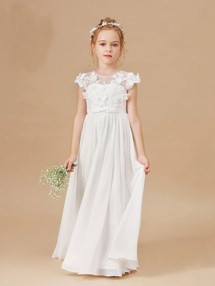 Girls Communion Dresses | White Floral Mesh Embroidered Empire Dress