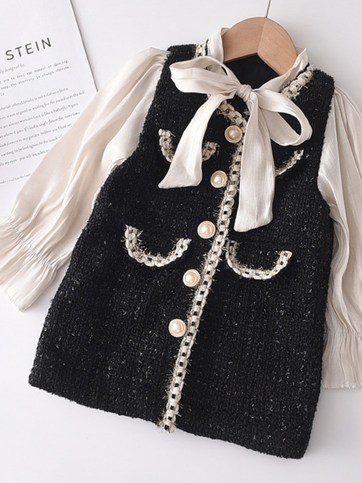 Preppy Chic Outfits | Pearl-Embellished Tweed Dress | Mia Belle Girls