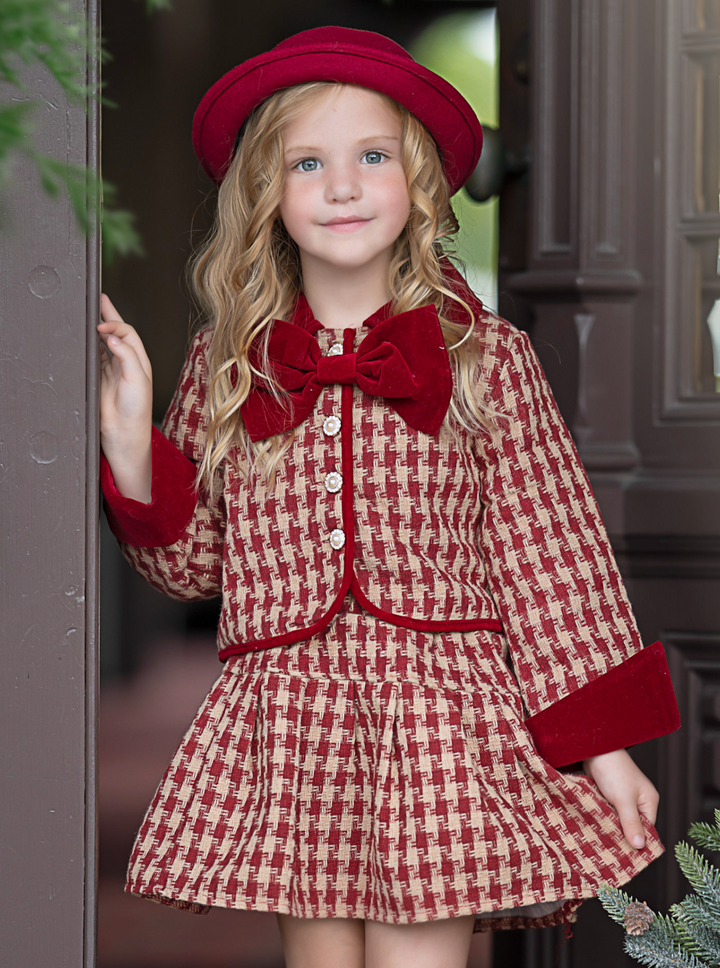 Adorable Red Velvet and Plaid Jacket and Skirt Set
