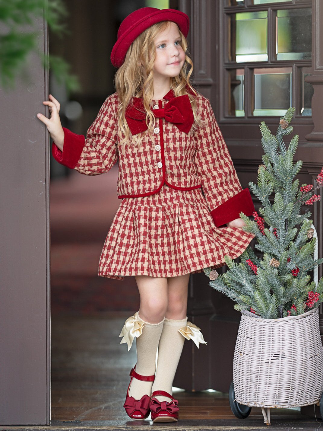 Adorable Red Velvet and Plaid Jacket and Skirt Set