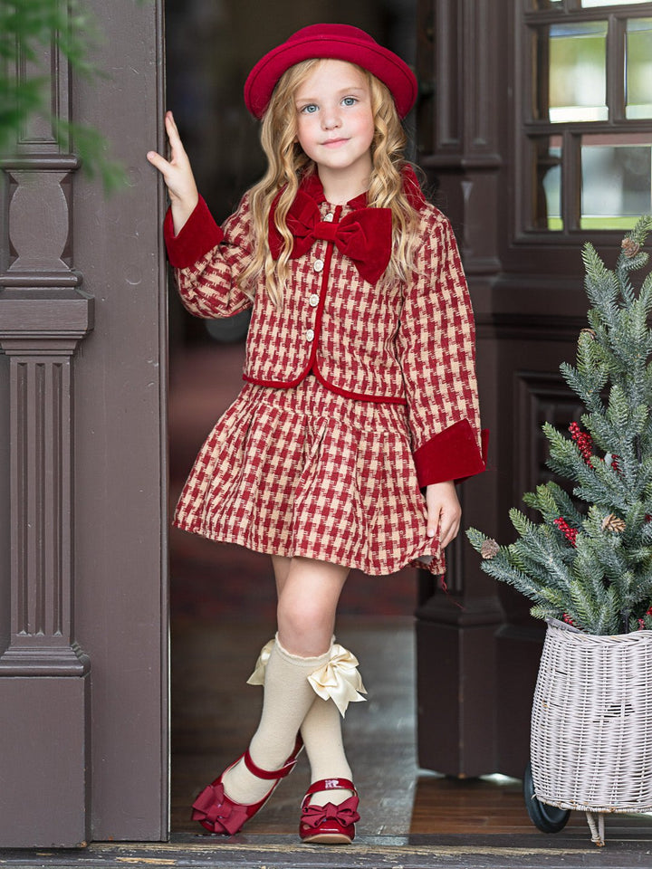 Adorable Red Velvet and Plaid Jacket and Skirt Set