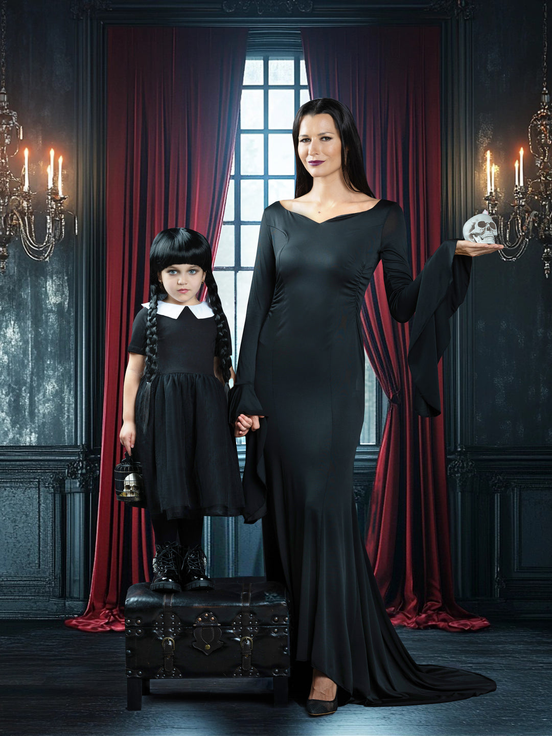 Womens Morticia Spooky Costume Dress with Wig