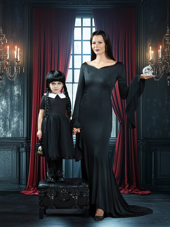 Womens Morticia Spooky Costume Dress with Wig