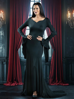 Womens Morticia Spooky Costume Dress with Wig