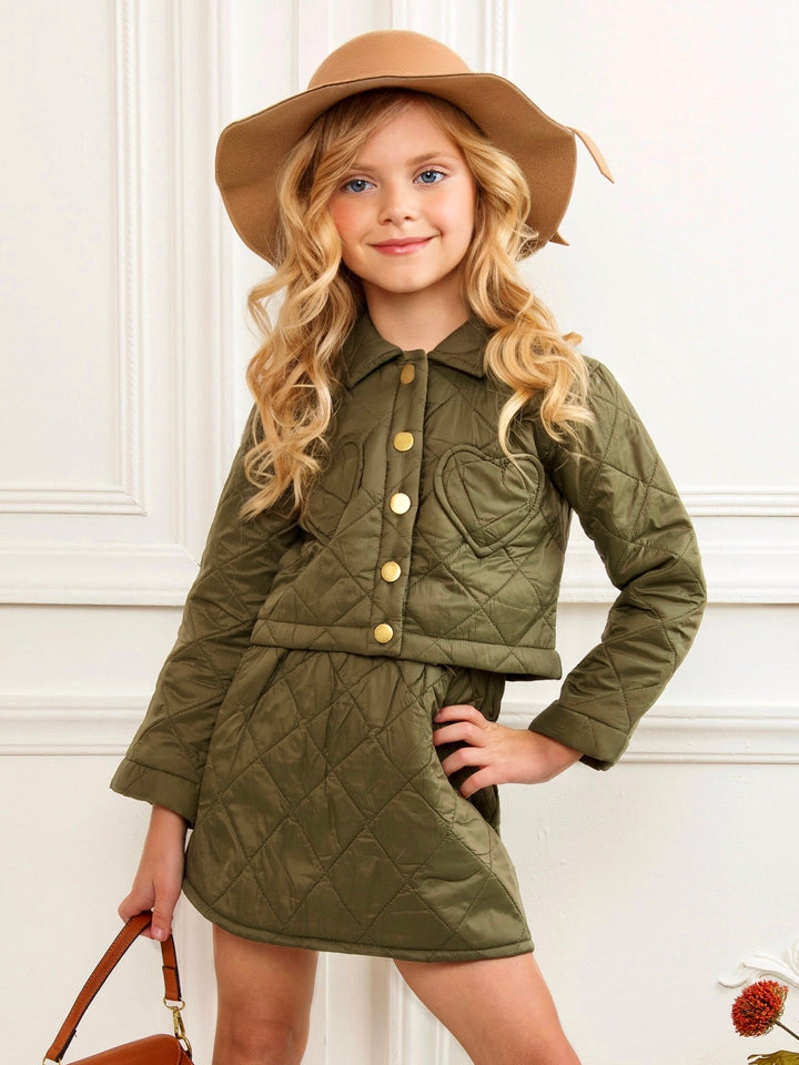 Olive Heart Nylon Quilted Jacket and Matching Skirt Set
