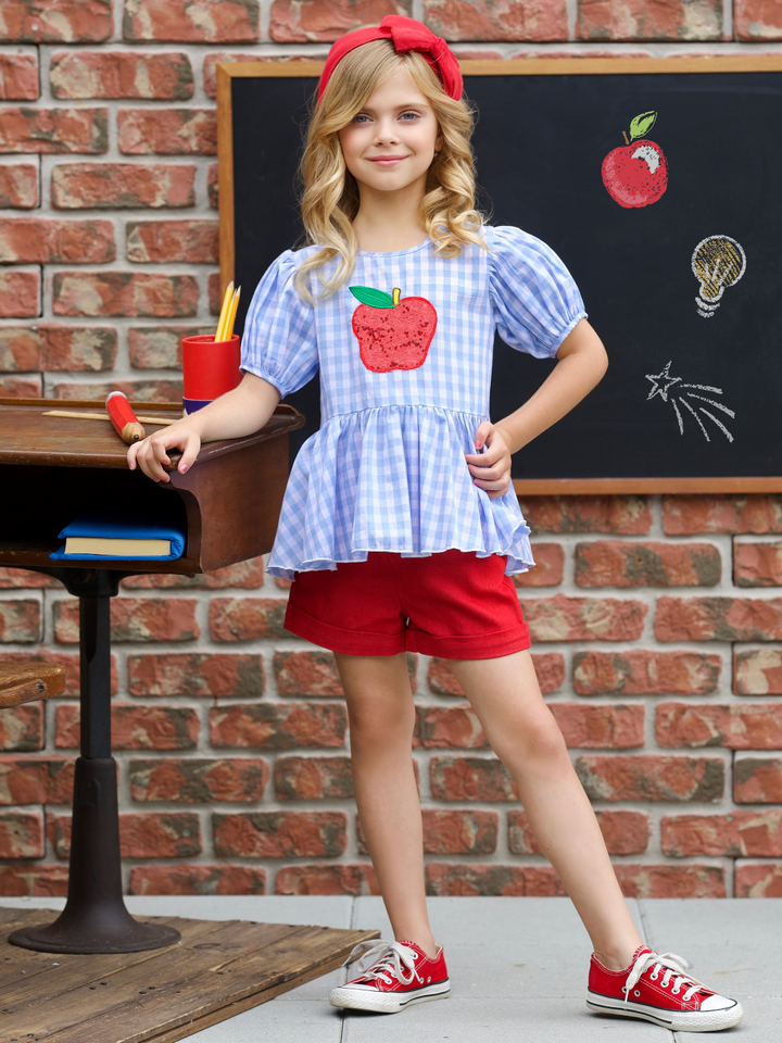 Sequin Apple Puff Sleeve Top & Red Short Set