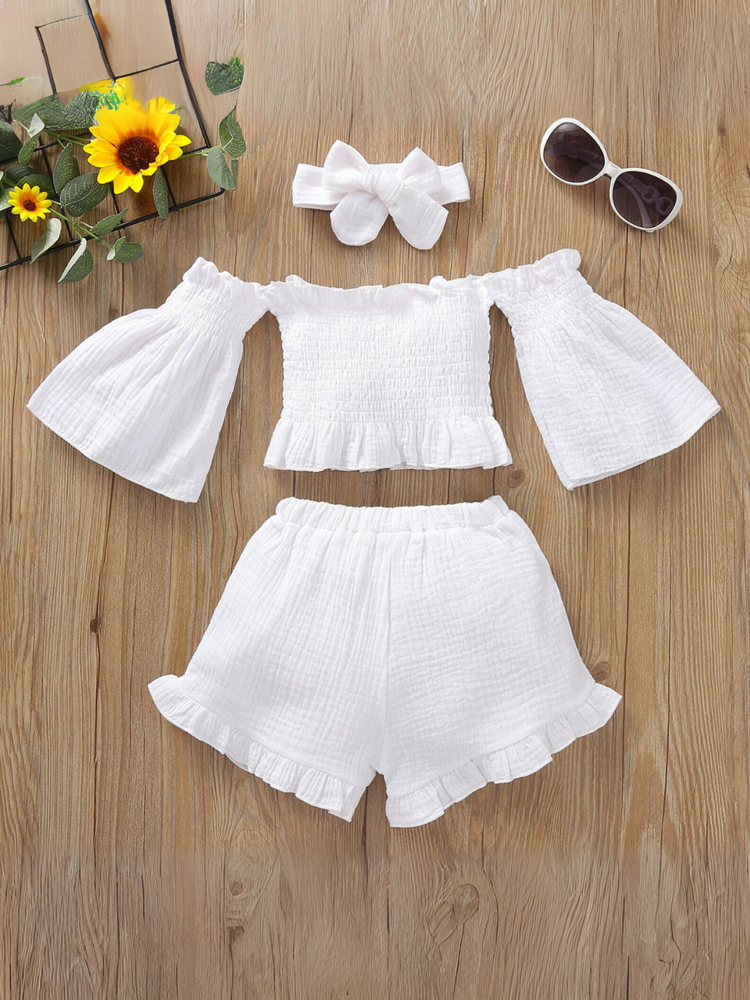 Cold Shoulder Smocked Top And Ruffle Shorts Set | Mia Belle Girls