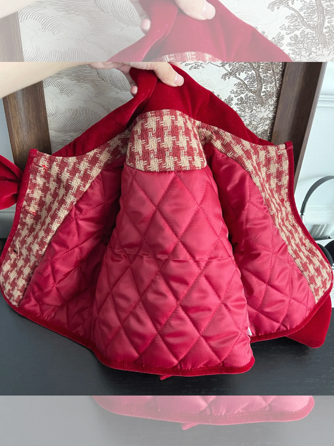 Adorable Red Velvet and Plaid Jacket and Skirt Set