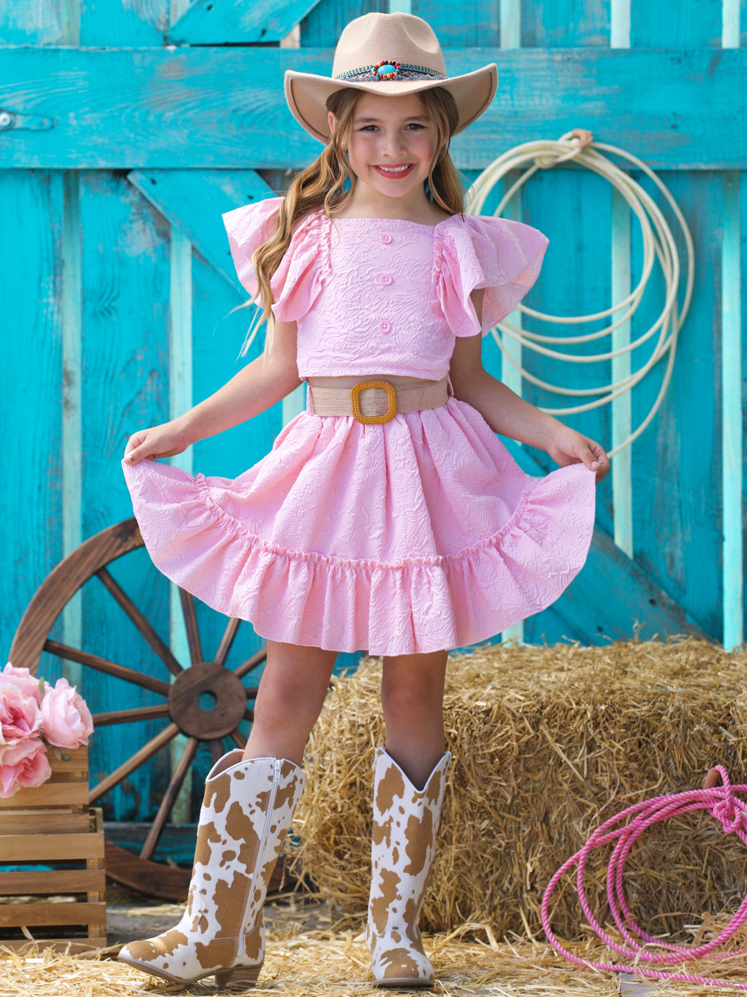 Blush Pink Ruffle Sleeve Belted Skirt Set