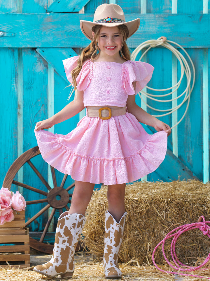 Blush Pink Ruffle Sleeve Belted Skirt Set
