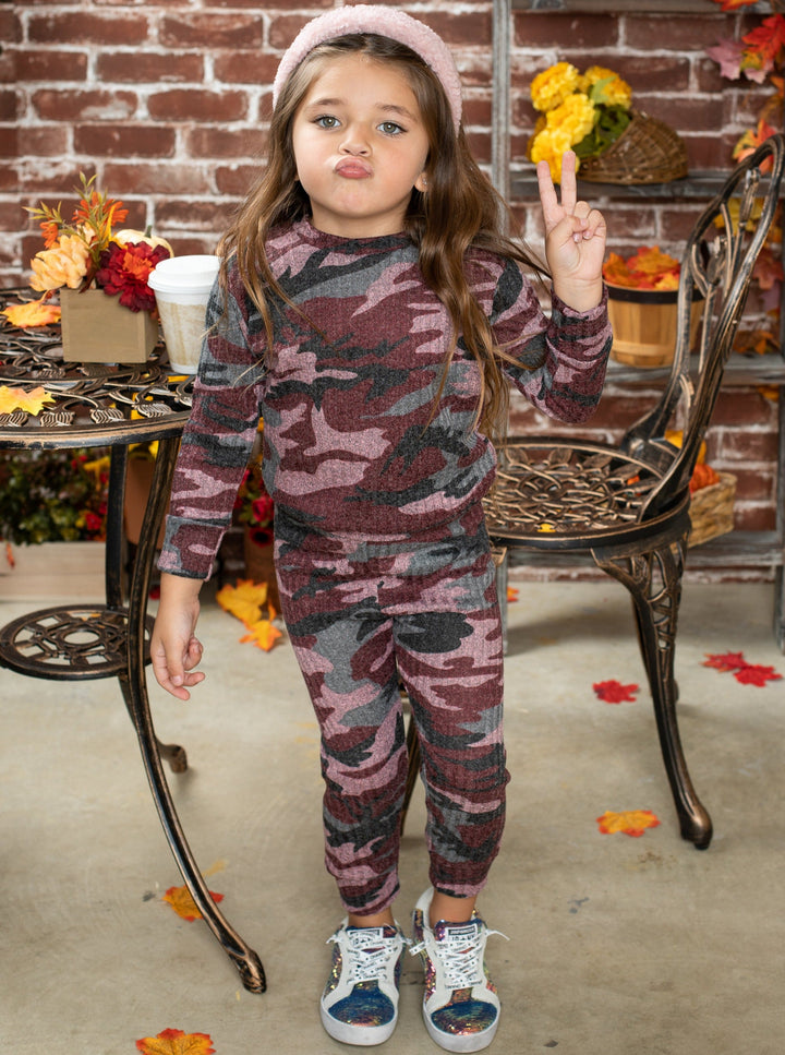 Cute Cozy Sets | Little Girls Grey Camo Print Jogger Loungewear Set