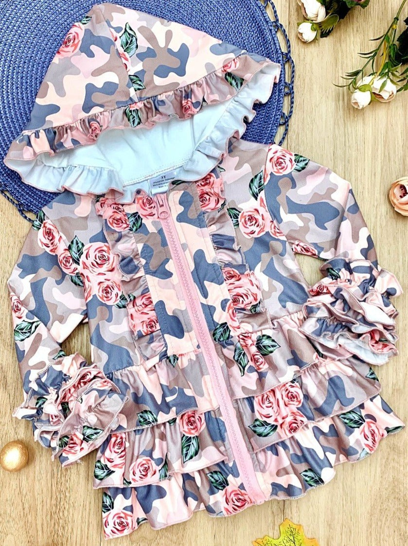 Kids Jackets | Camo Floral Ruffled Hoodie Jacket | Mia Belle Girls