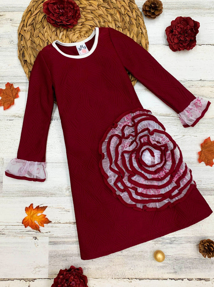 Girls Long Sleeve Ruffled Mesh Swirl Flower Dress Burgundy